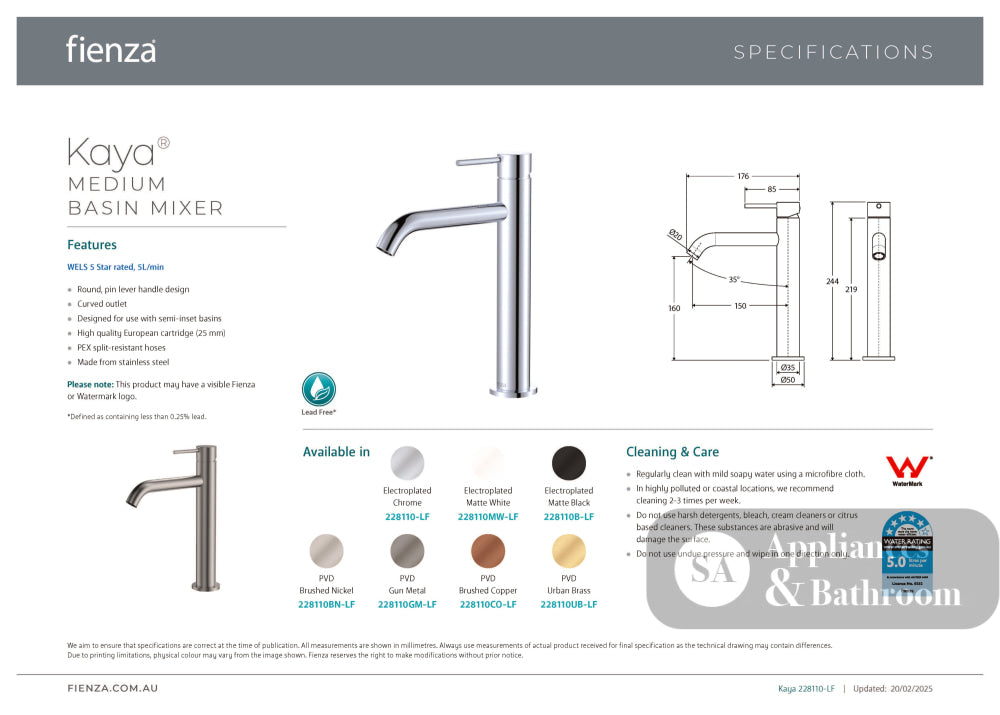 Fienza 228110-LF Kaya Basin Medium Mixer Chrome - Basin Mixers