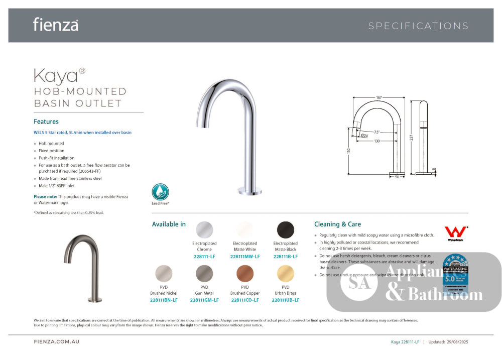 Fienza 228111MW Kaya Hob Bath/ Basin Outlet Matte White - Basin Mixers