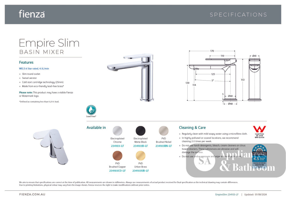 Fienza 234103-LF Empire Slim Basin Mixer Cold Start Lead Free Chrome - Basin Mixers