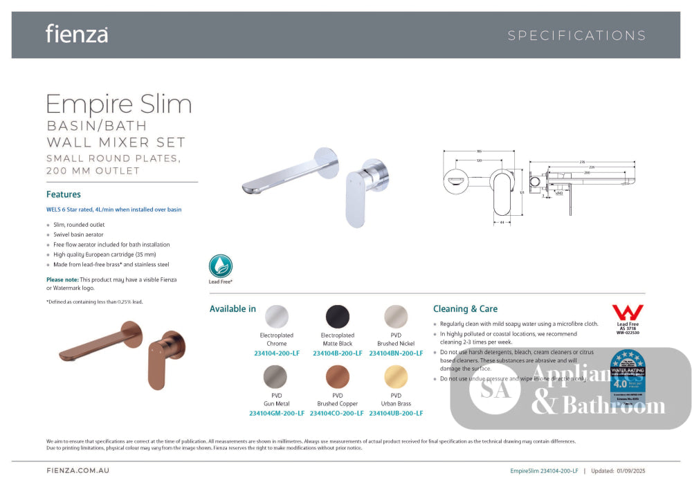 Fienza 234104CO-200-LF Empire Slim Basin/Bath Wall Mixer Set Round Plates 200mm Outlet Lead Free Brushed Copper - Wall