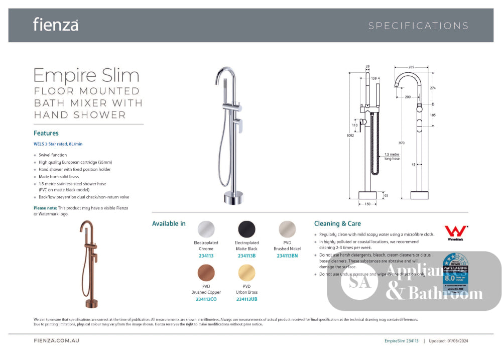 Fienza 234113BN Empire Slim Floor Mounted Bath Mixer with Hand Shower Brushed Nickel - Bath Fillers