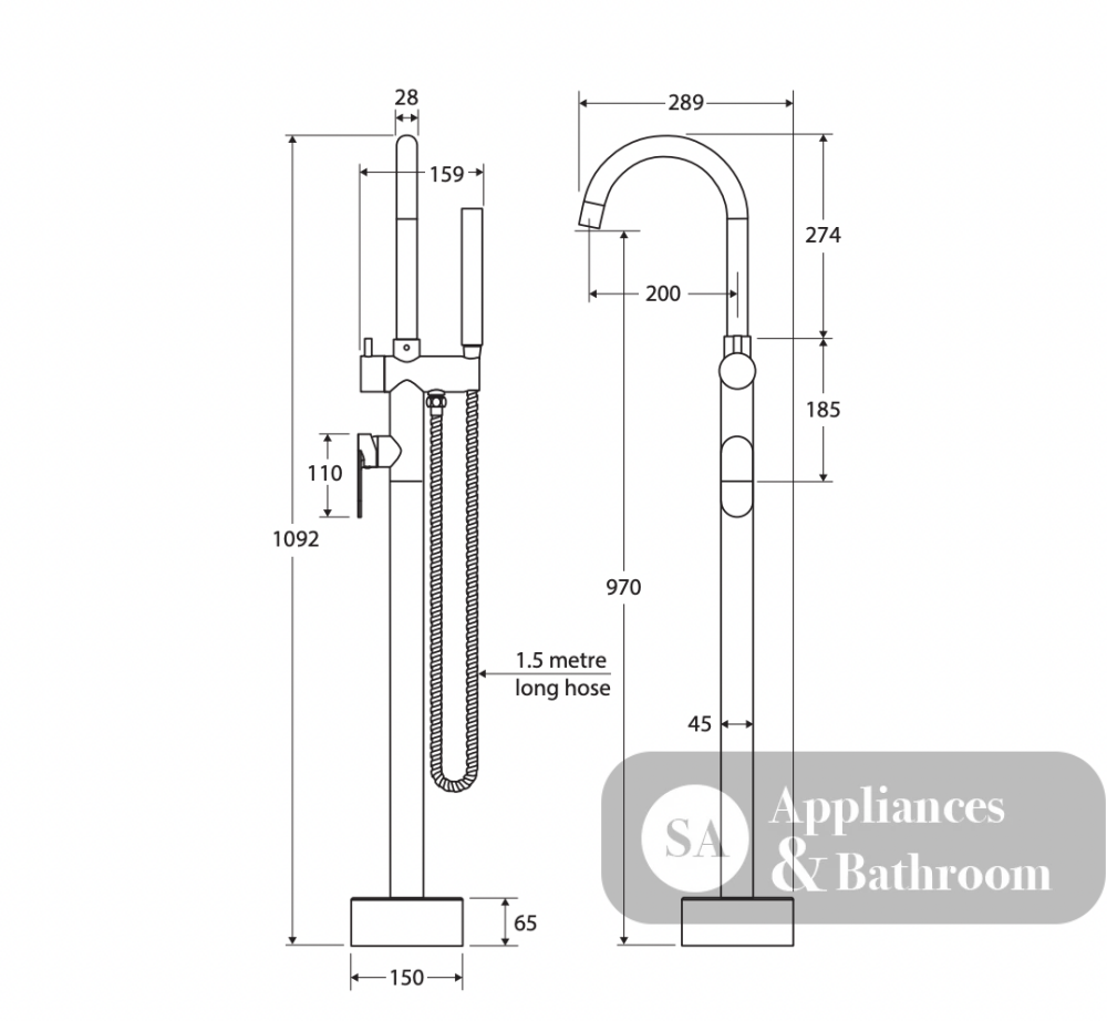 Fienza 234113UB Empire Slim Floor Mounted Bath Mixer with Hand Shower Urban Brass - Bath Fillers