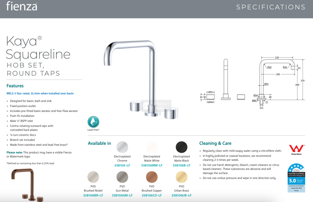 Fienza 338106-LF Kaya Squareline Hob Set Round Taps Chrome