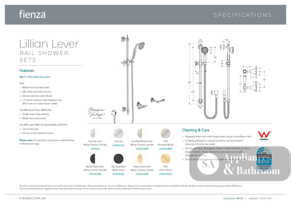 Fienza 339103BK Lillian Lever Rail Shower Set White Handles Matte Black - Showers