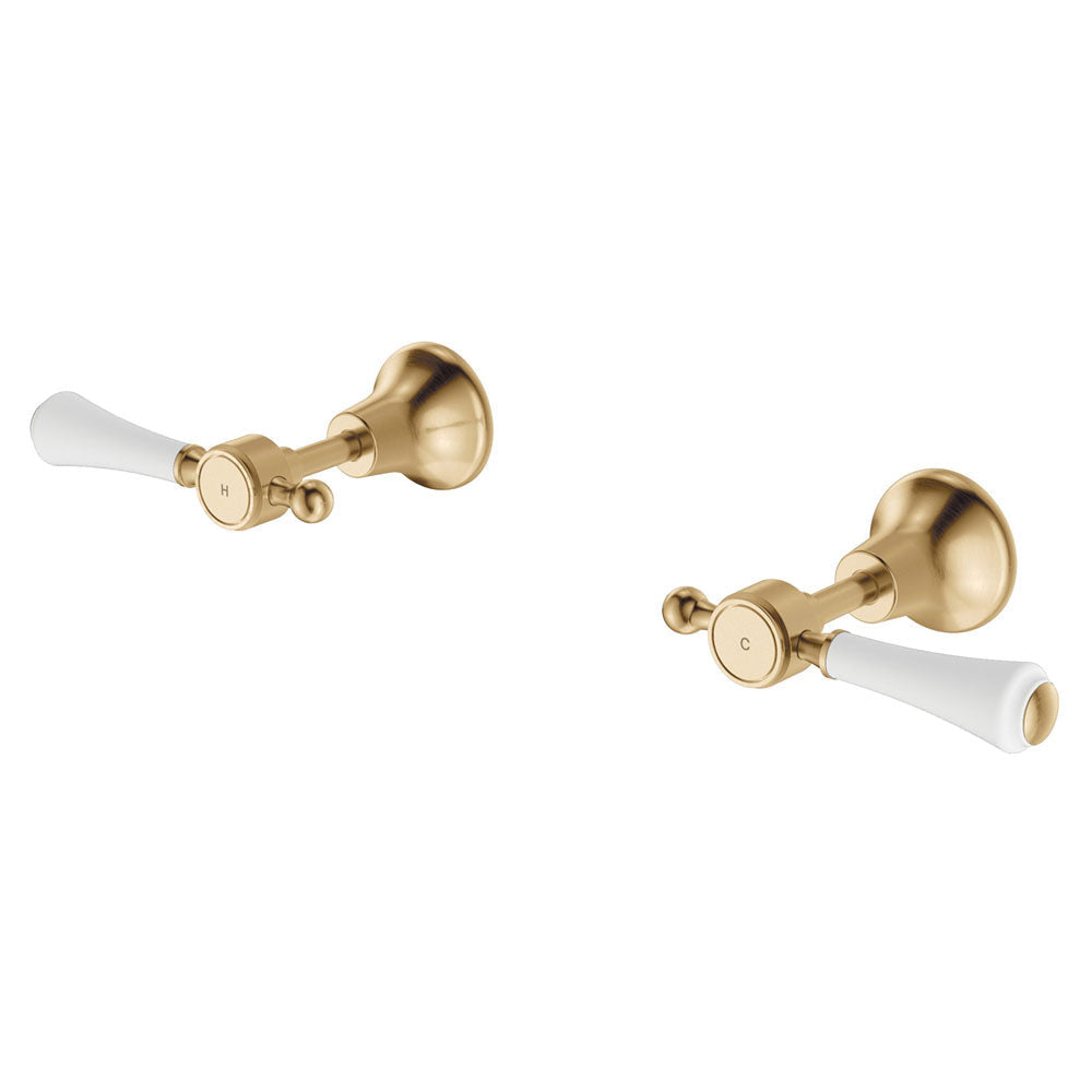 Fienza 339104UB Lillian Wall Top Assemblies Urban Brass with Ceramic White Handles - Wall Top Assemblies