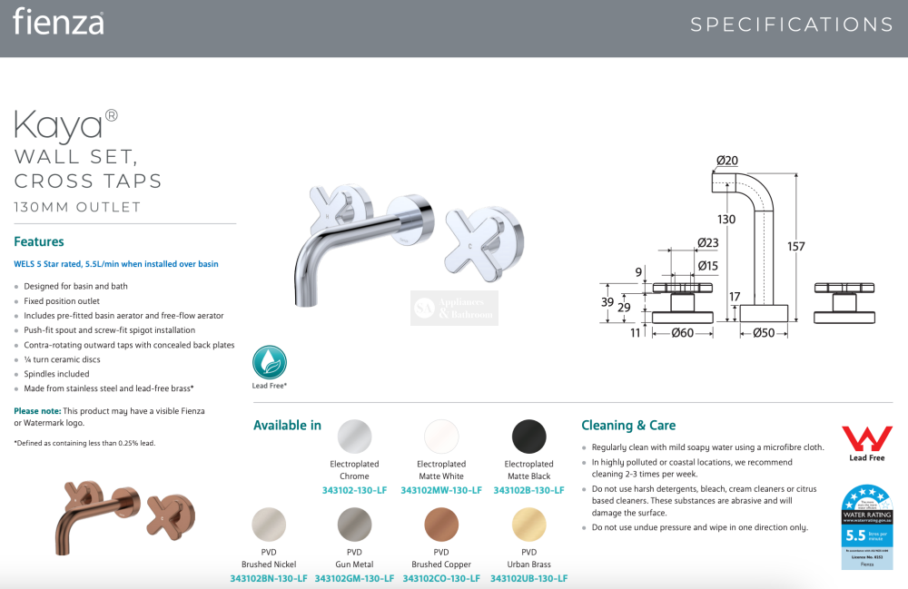 Fienza 343102MW-130-LF Kaya Wall Set Cross Taps 130mm Matte White