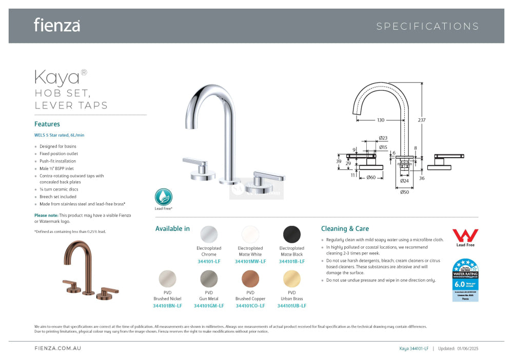 Fienza 344101B-LF Kaya Round Hob Set Lever Taps Matte Black