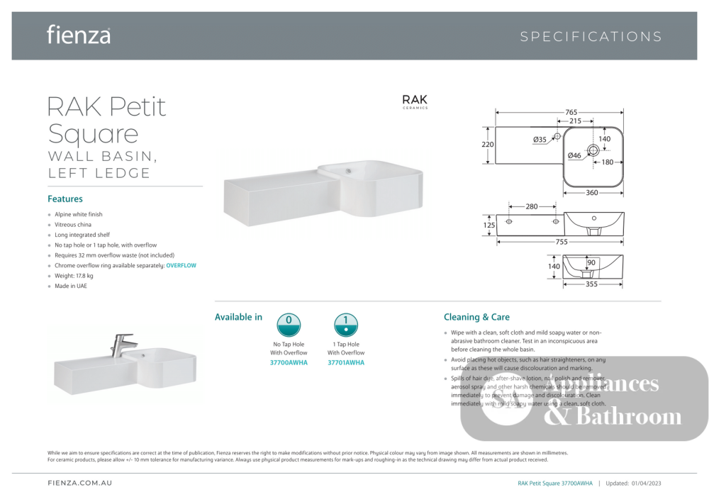 Fienza 37700AWH RAK Petit Square Wall Basin Left Edge No Tap Hole Alpine White - Basins