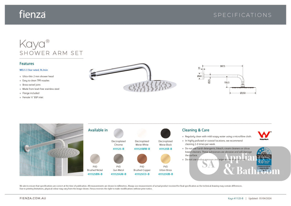 Fienza 411125CO-B Kaya Shower Arm Set Brushed Copper - Wall Arm Showers
