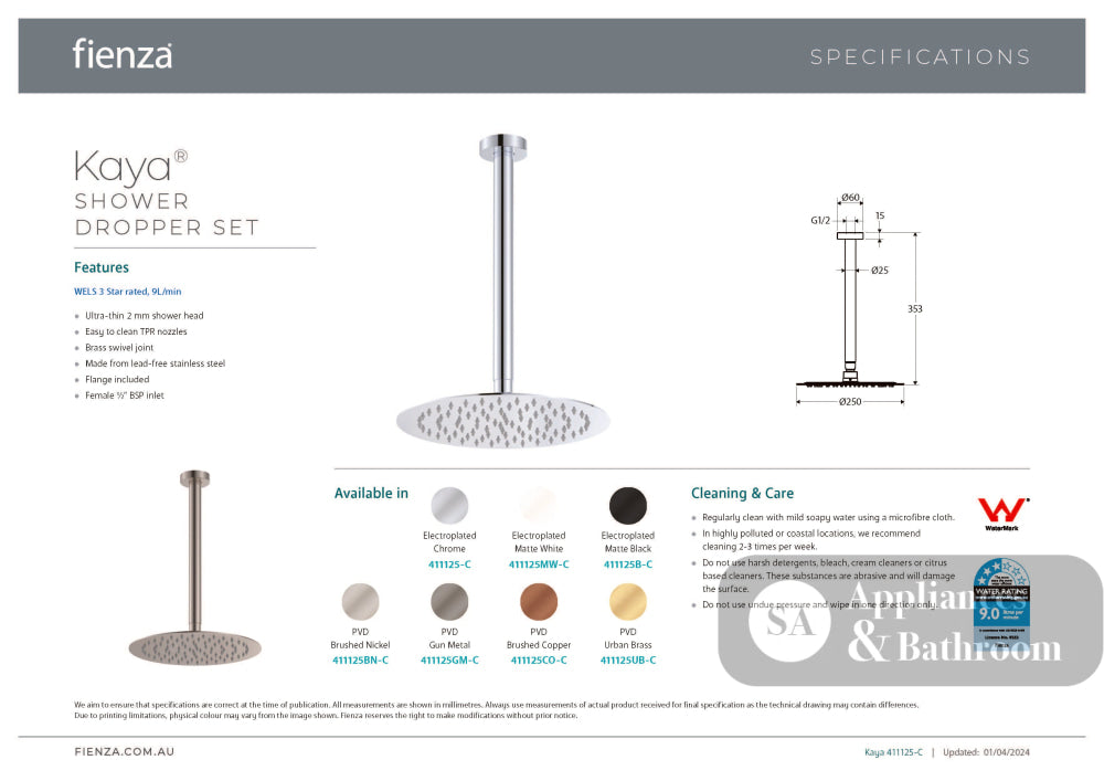 Fienza 411125GM-C Kaya Shower Dropper Set Gun Metal - Ceiling Shower Set