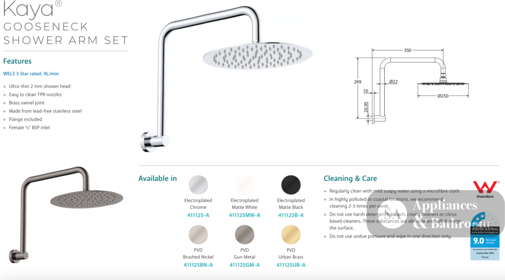 Fienza 411125MW-A Kaya Goosneck Shower Arm Set Matte White - Wall Arm Shower