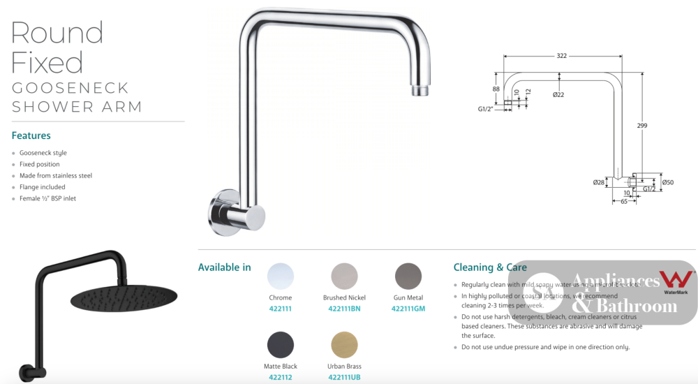 Fienza 422111MW Kaya Round Fixed Gooseneck Shower Arm Matte White - Shower Wall Arms