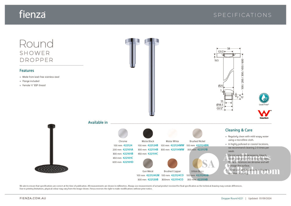 Fienza 422114B Kaya Round Shower Dropper Matte Black - Shower Ceiling Arms
