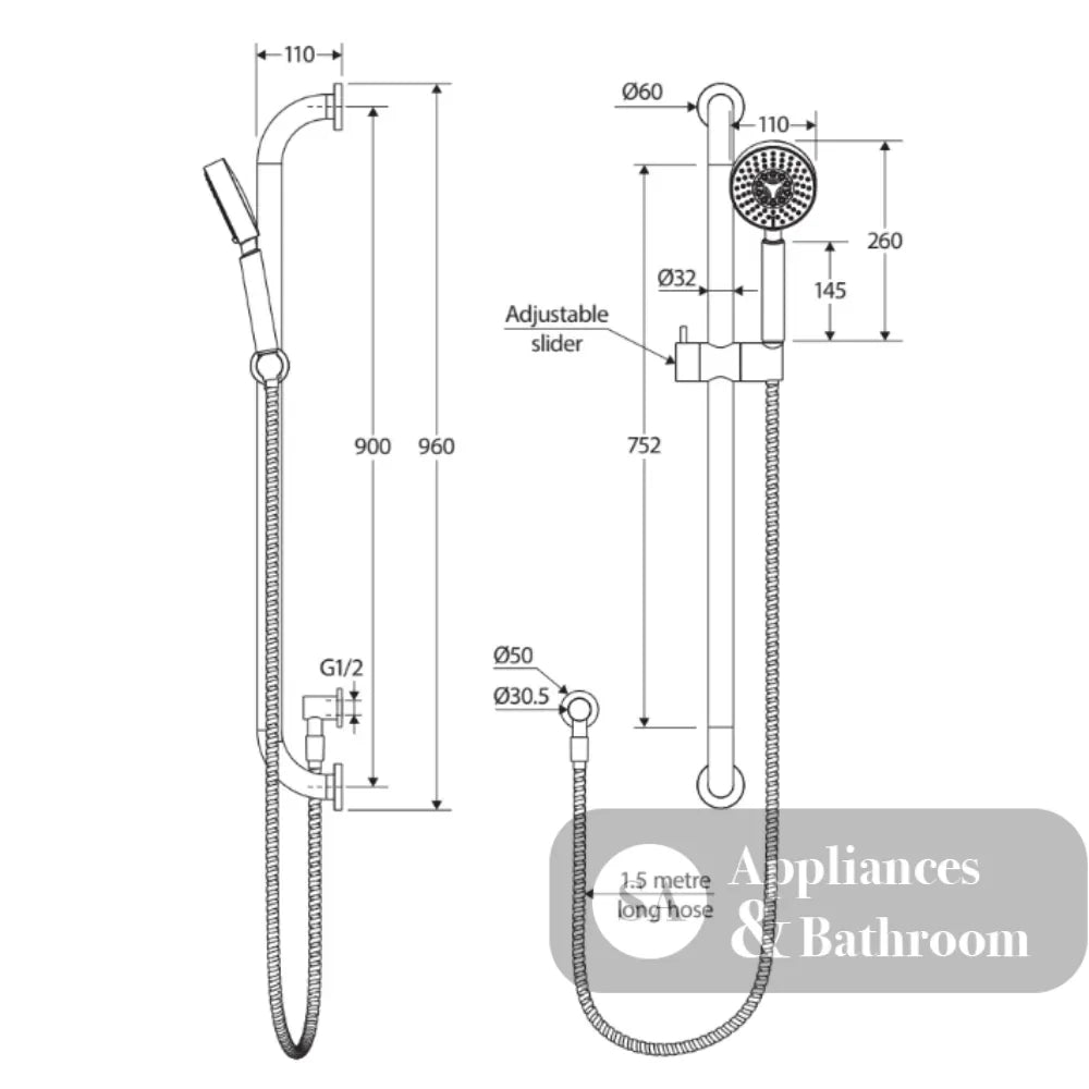 Fienza 444112 Stella Care Chrome Rail Shower - Rail Shower