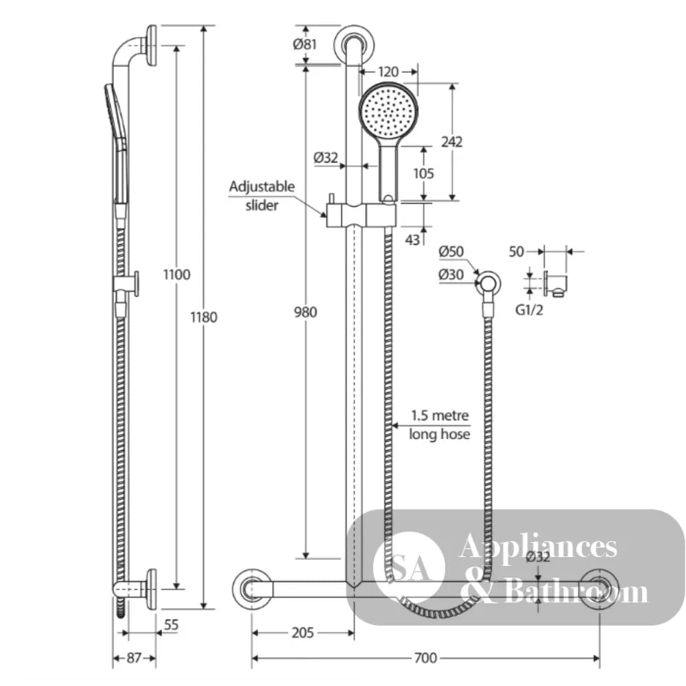 Fienza 444113LH Luciana Care Chrome Left Hand Inverted T Rail Shower - Rail Shower