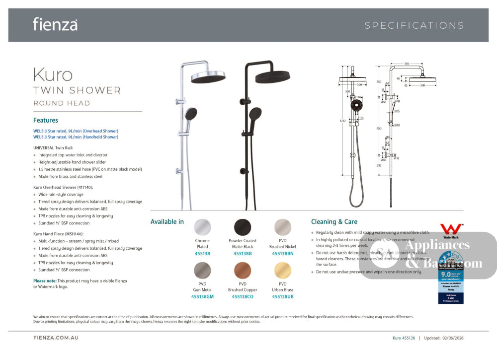 Fienza 455138B Kuro Twin Shower Round Head Matte Black