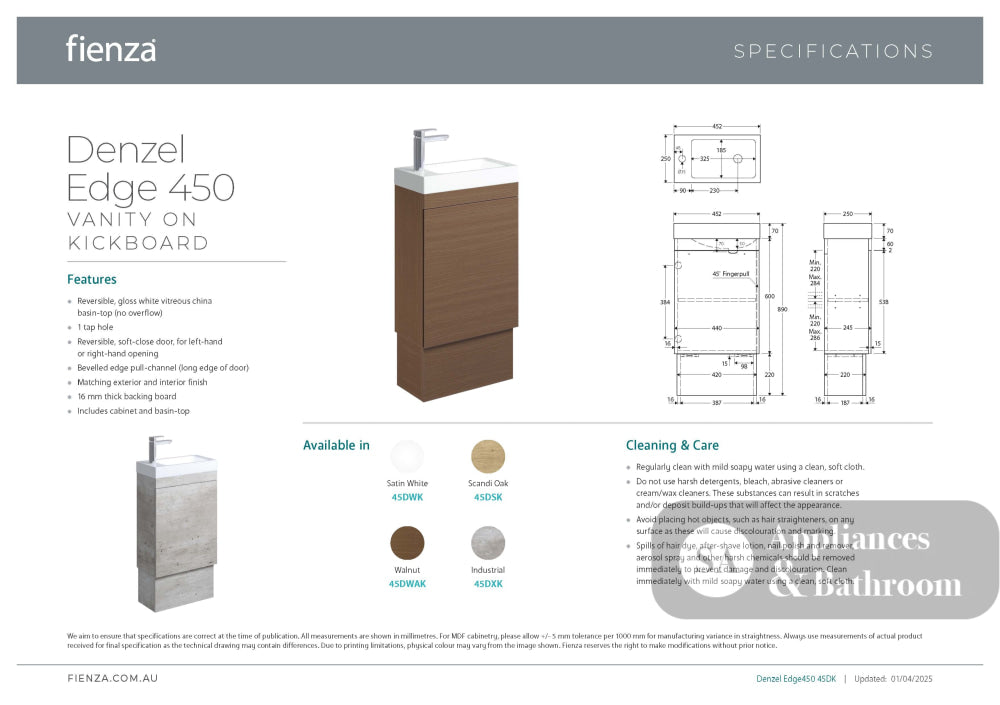 Fienza 45DSK Denzel Edge 450 Ensuite Vanity on Kickboard Scandi Oak - Vanity Units