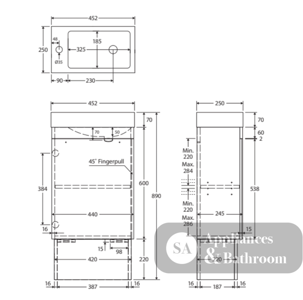 Fienza 45DSK Denzel Edge 450 Ensuite Vanity on Kickboard Scandi Oak - Vanity Units