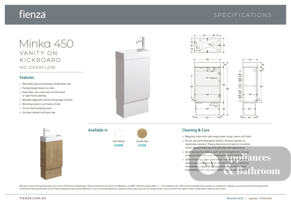 Fienza 45USK Minka 450 Vanity on Kickboard No Overflow Scandi Oak - Vanity Units