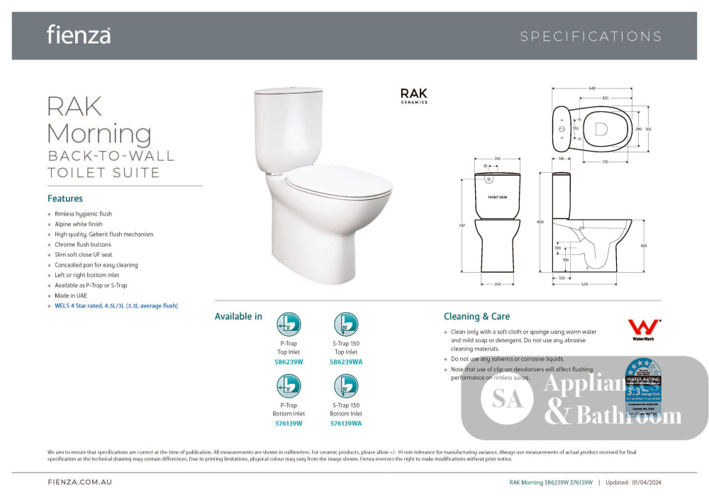Fienza 576139W Morning Back To Wall Toilet Suite P Trap Bottom Inlet Alpine White - Toilet Suites