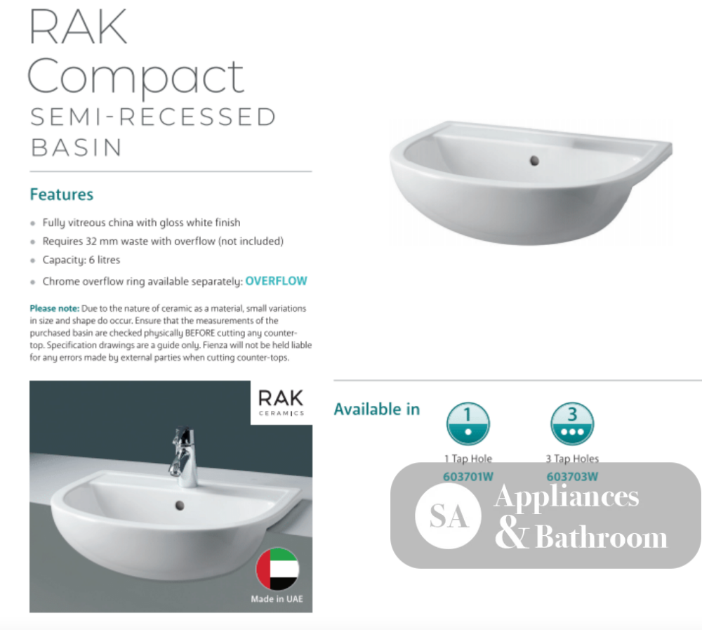 Fienza 603701W Semi Recessed RAK 1 Tap Hole Ceramic Compact Basin White - Basins