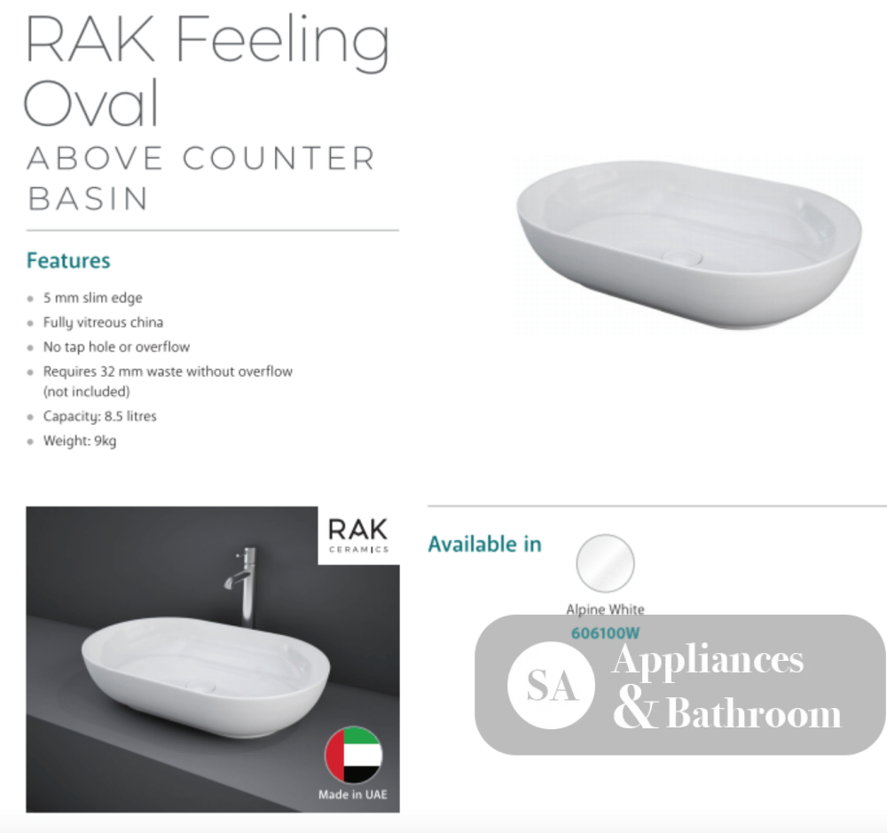 Fienza 606100W Moon Above Counter RAK Ceramic Oval Basin White - Basins