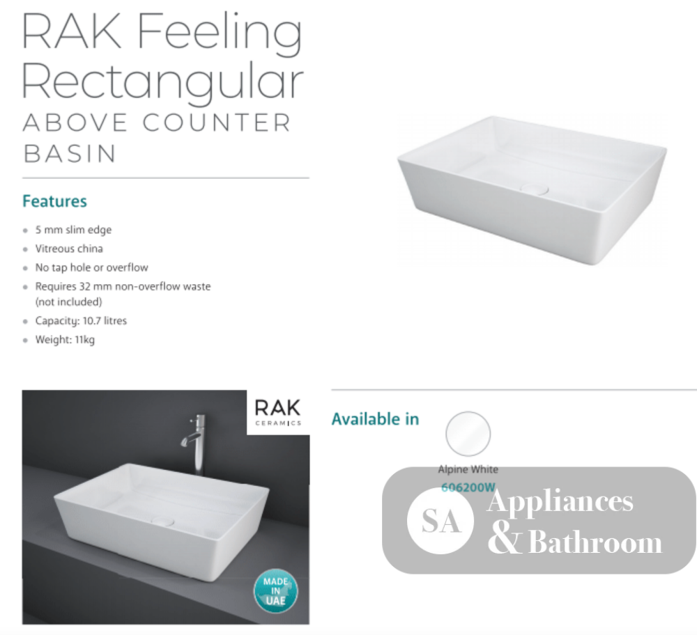 Fienza 606200W Moon Above Counter RAK Basin Rectangular White - Basins