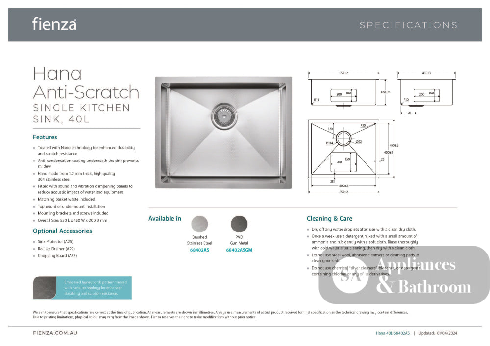Fienza 68402AS Hana Single Bowl Sink Anti Scratch Stainless Steel 550x450x200mm - Top Mounted Kitchen Sinks