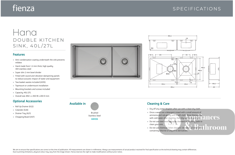 Fienza 68406 Hana Double Kitchen Sink 40L/27L - Top Mounted Kitchen Sinks
