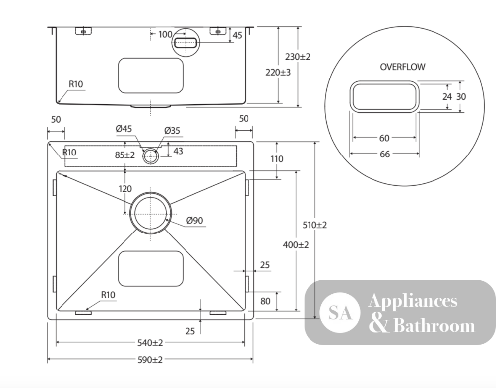 Fienza 68503-OF 50L Square Laundry Sink with Overflow - Laundry Insert Sinks