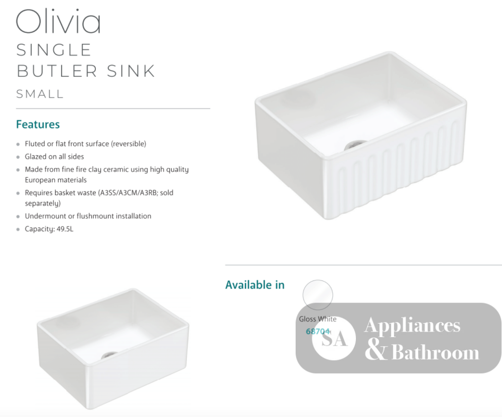 Fienza 68704 Olivia Small Single Butler Sink 605X455X255Mm White- Special Order Kitchen Sinks