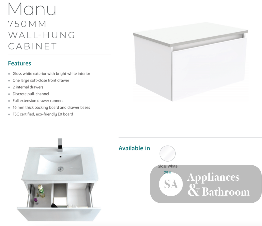 Fienza 750Mm Tclb75H Dolce Matte Black Manu Wall Hung Vanity White - Special Order Units