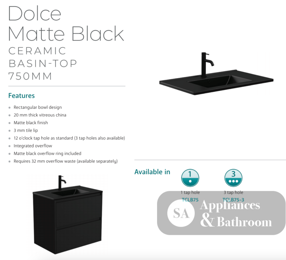 Fienza 750Mm Tclb75Zbkr Dolce Matte Black Satin Vanity On Kickboard Right Drawers - Special Order