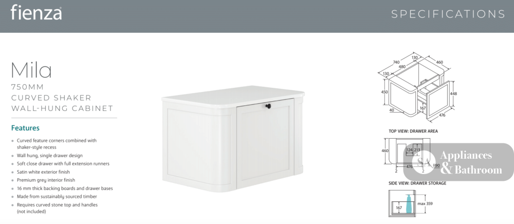 Fienza 75CM Mila Curved Satin White 750 Wall Hung Cabinet - Vanity Units