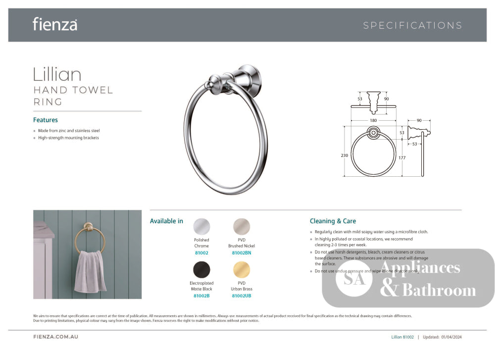 Fienza 81002BN Lillian Towel Ring Brushed Nickel - Hand Towel Holder