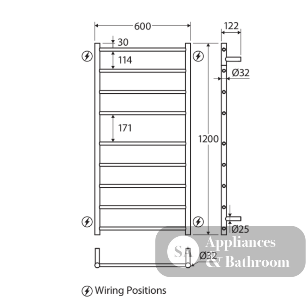 Fienza 82760120 Isabella Heated Towel Rail 600 x 1200mm Chrome - Heated Towel Ladder