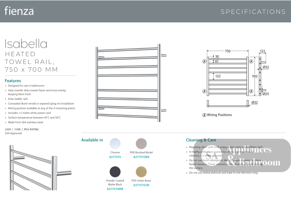 Fienza 8277570 Isabella Heated Towel Rail 750 x 700mm Chrome