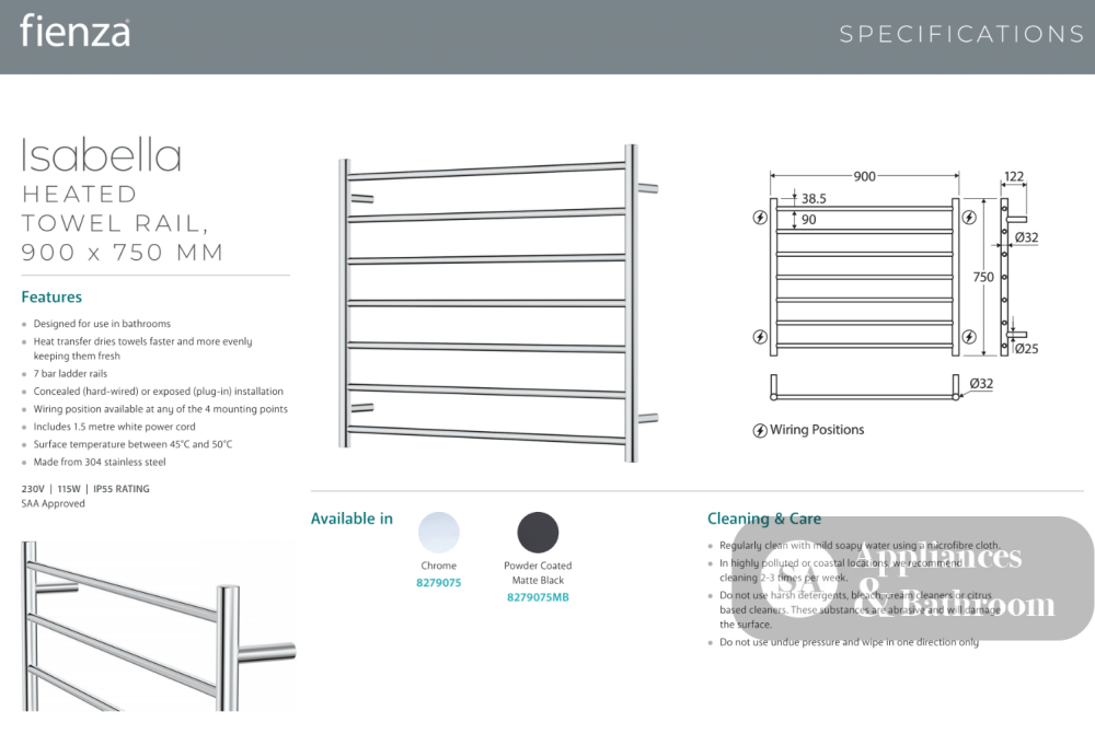 Fienza 8279075 Isabella Heated Towel Rail 900 x 750mm Chrome