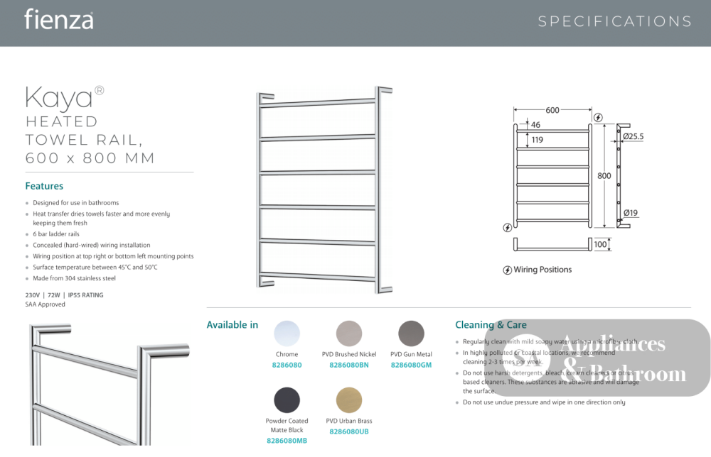Fienza 8286080MB Kaya Heated Towel Rail 600 x 800mm Matte Black