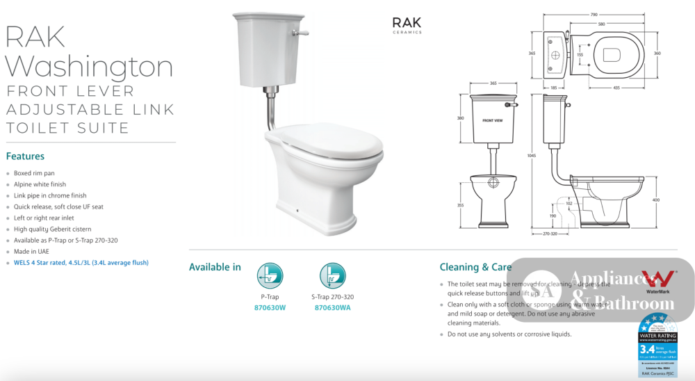Fienza 870630WA Washington RAK Front Lever Adjustable Link S-Trap 270-320mm Toilet Suite White - Toilet Suites