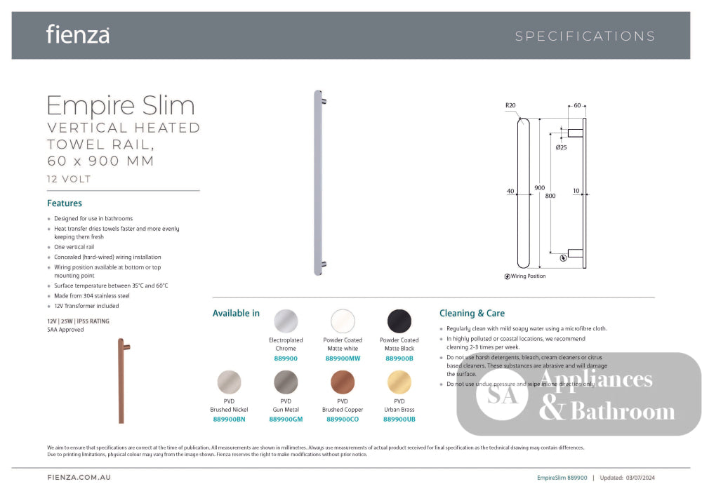Fienza 889900UB Empire Slim Vertical Heated Towel Rail 12V 900mm (1 Bar) Urban Brass - Towel Ladder