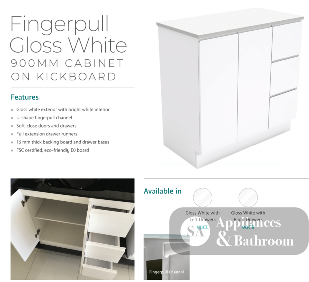Fienza 900Mm Tclb90Cl Dolce Matte Black Fingerpull Gloss White Vanity On Kickboard Left Drawers -
