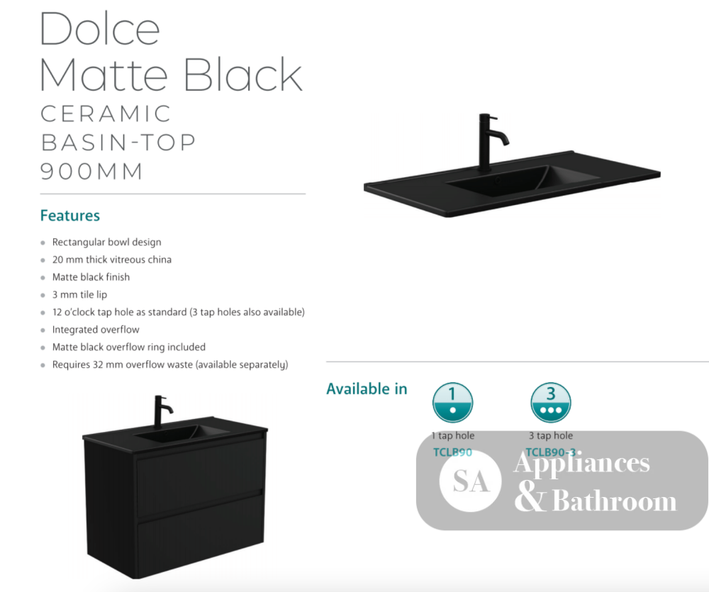 Fienza 900Mm Tclb90Zkl Dolce Matte Black Fingerpull Satin White Vanity On Kickboard Left Drawers -