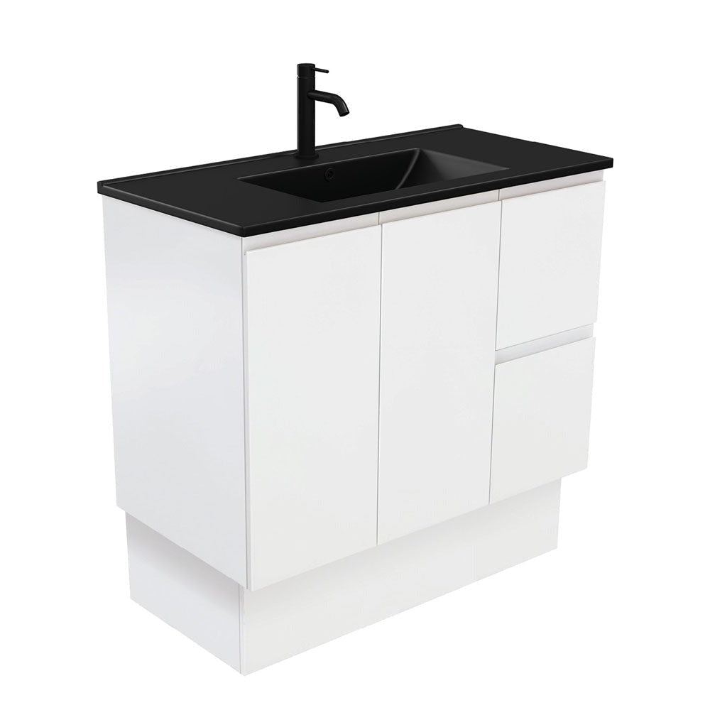 Fienza 900Mm Tclb90Zkr Dolce Matte Black Fingerpull Satin White Vanity On Kickboard Right Drawers -