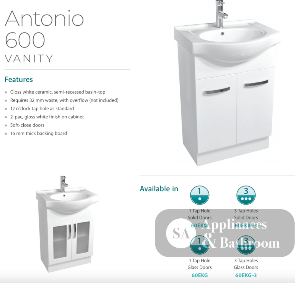 Fienza Antonio 60Ekw 600Mm White Vanity Unit - Special Order Units