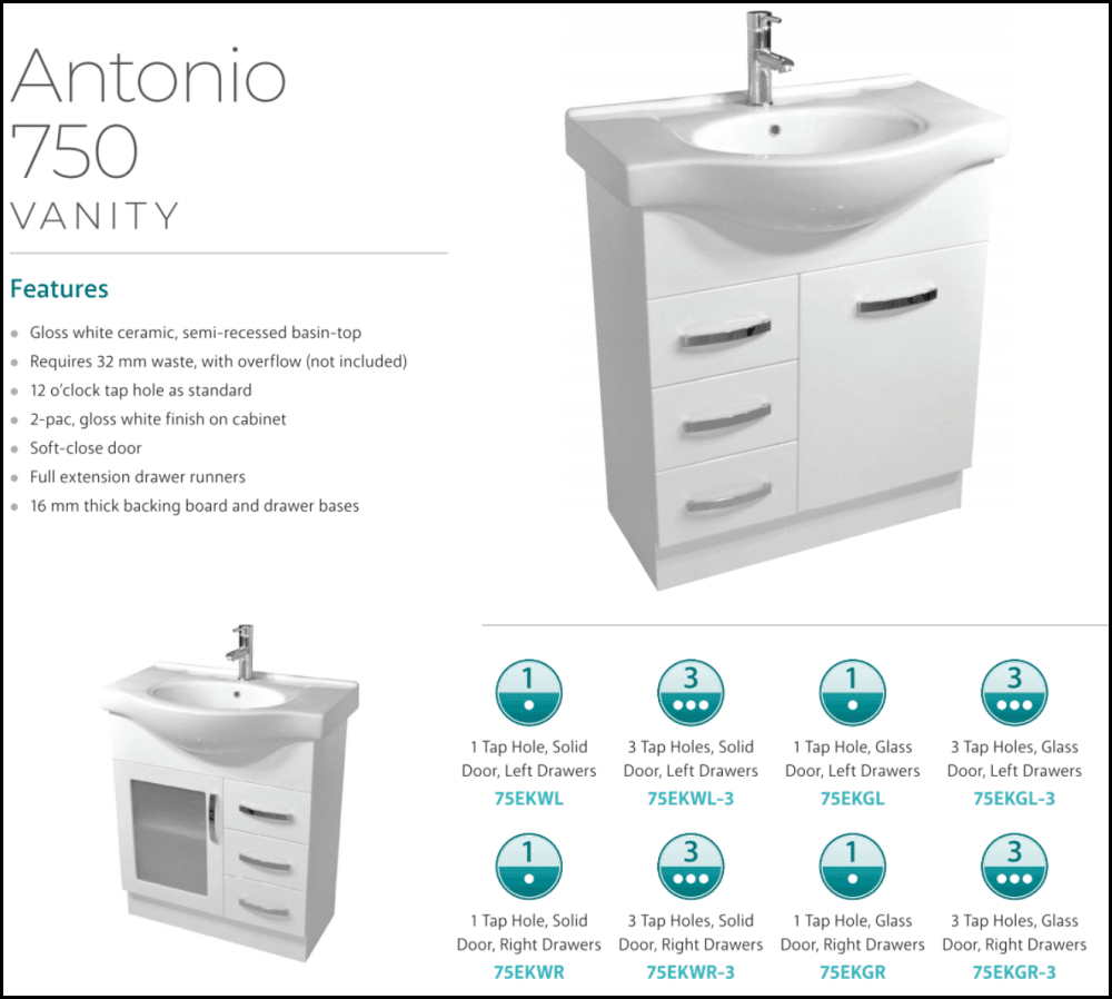 Fienza Antonio 75Ekwr 750Mm White Vanity Unit - Special Order Units
