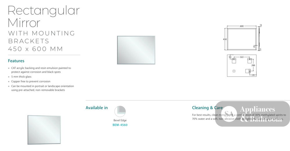 Fienza BEM-4560 Bevel Edge Rectangular Mirror 450 x 600mm - Mirrors