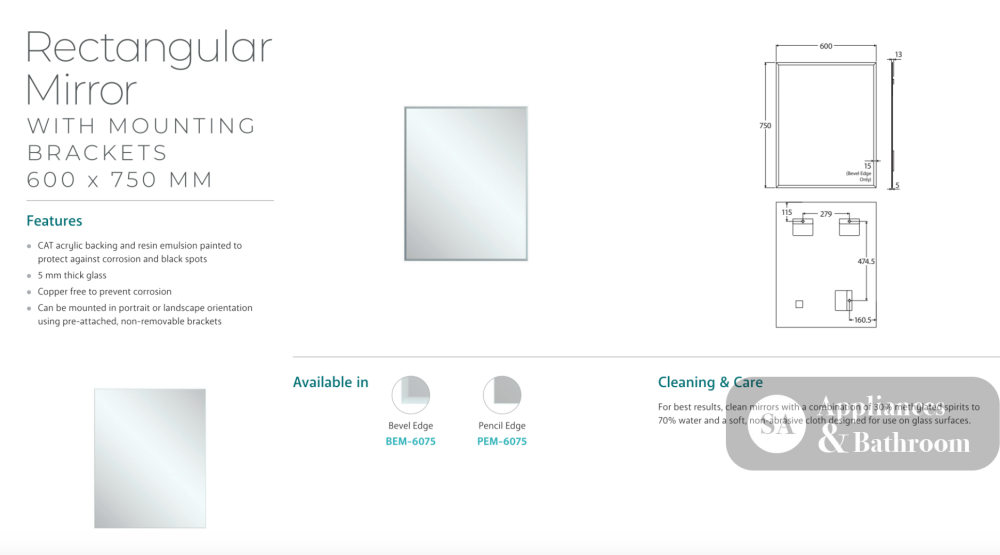 Fienza BEM-6075 Bevel Edge Rectangular Mirror 600 x 750mm - Mirrors