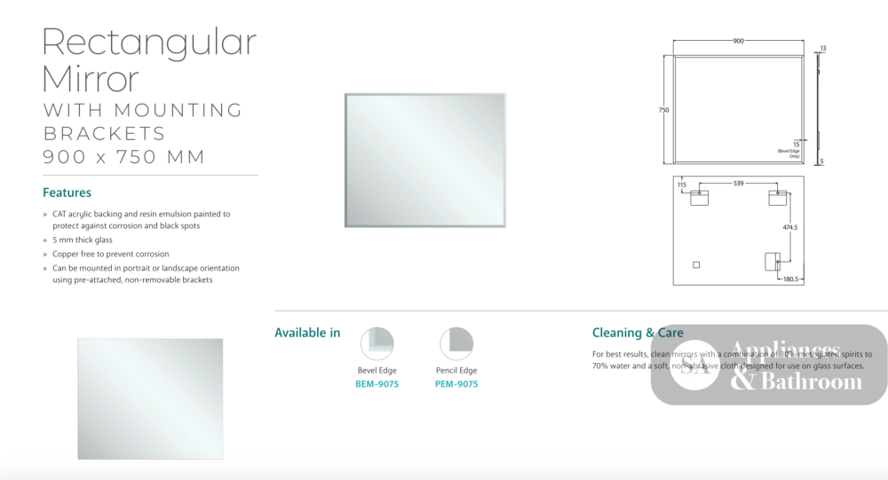 Fienza BEM-9075 Bevel Edge Rectangular Mirror 900 x 750mm - Mirrors