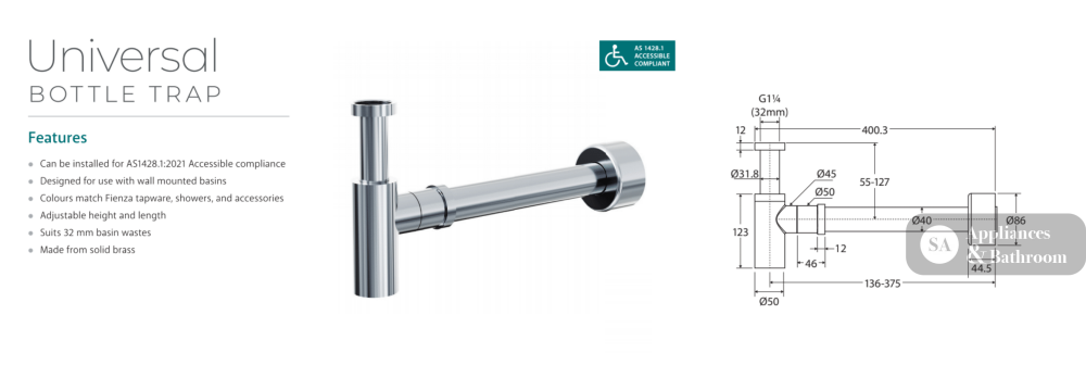 Fienza BTRAPBN Brushed Nickel Bottle Trap - Basins